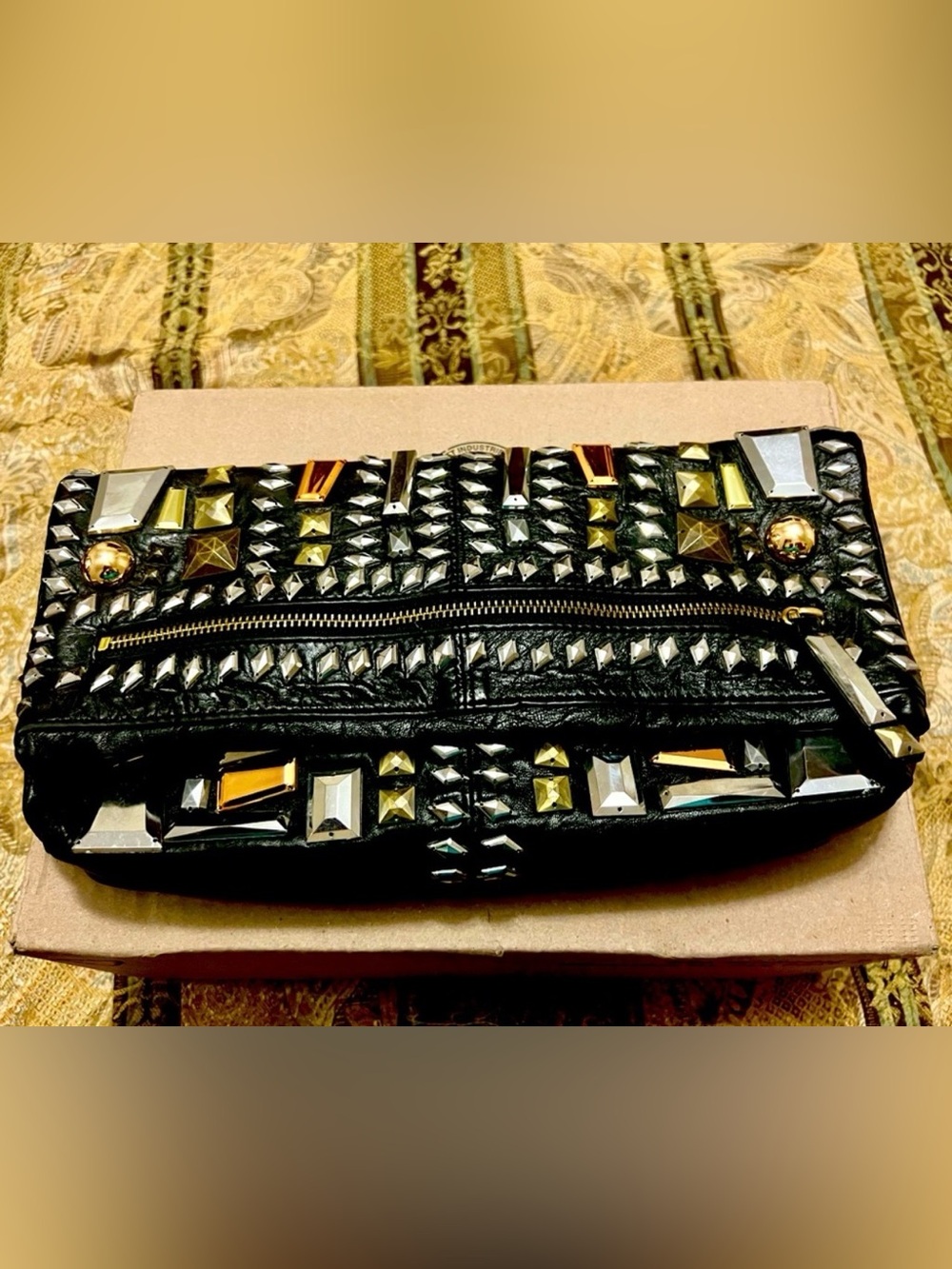 Black Studded Leather Clutch with Mixed Metal Accents